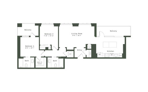 Floor plan for 2 beds, 2 baths, 1094 sqft